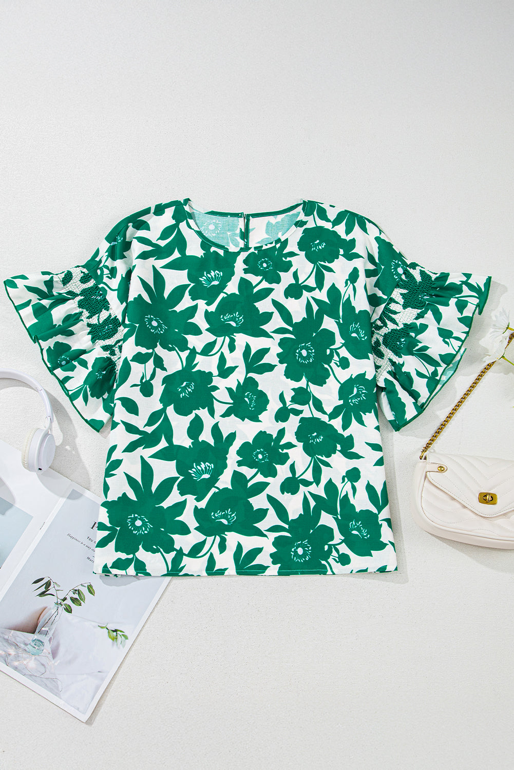Floral Printed Ruffled Short Sleeve Loose Blouse