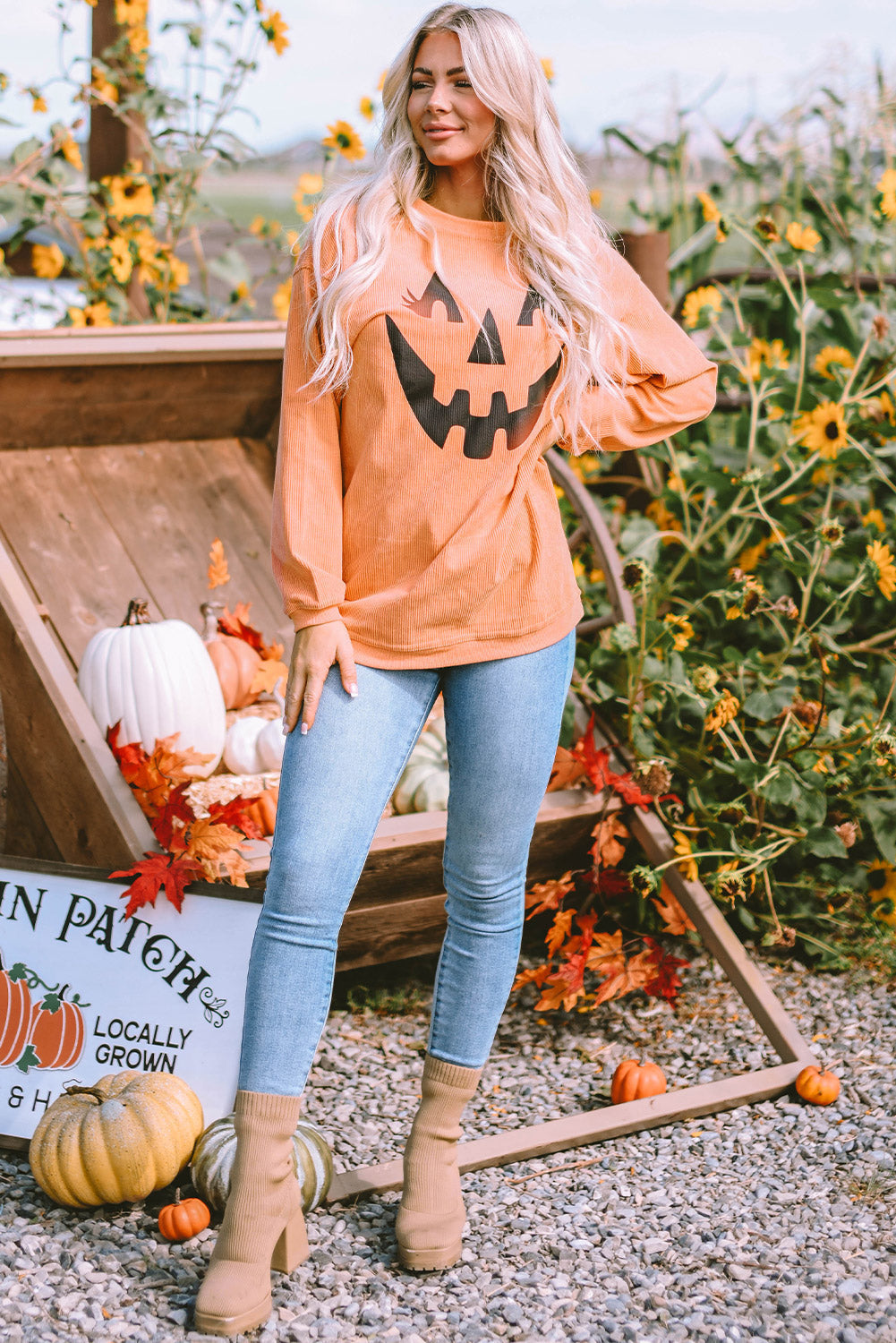 Women's Orange Pumpkin Smile Face Graphic Sweatshirt