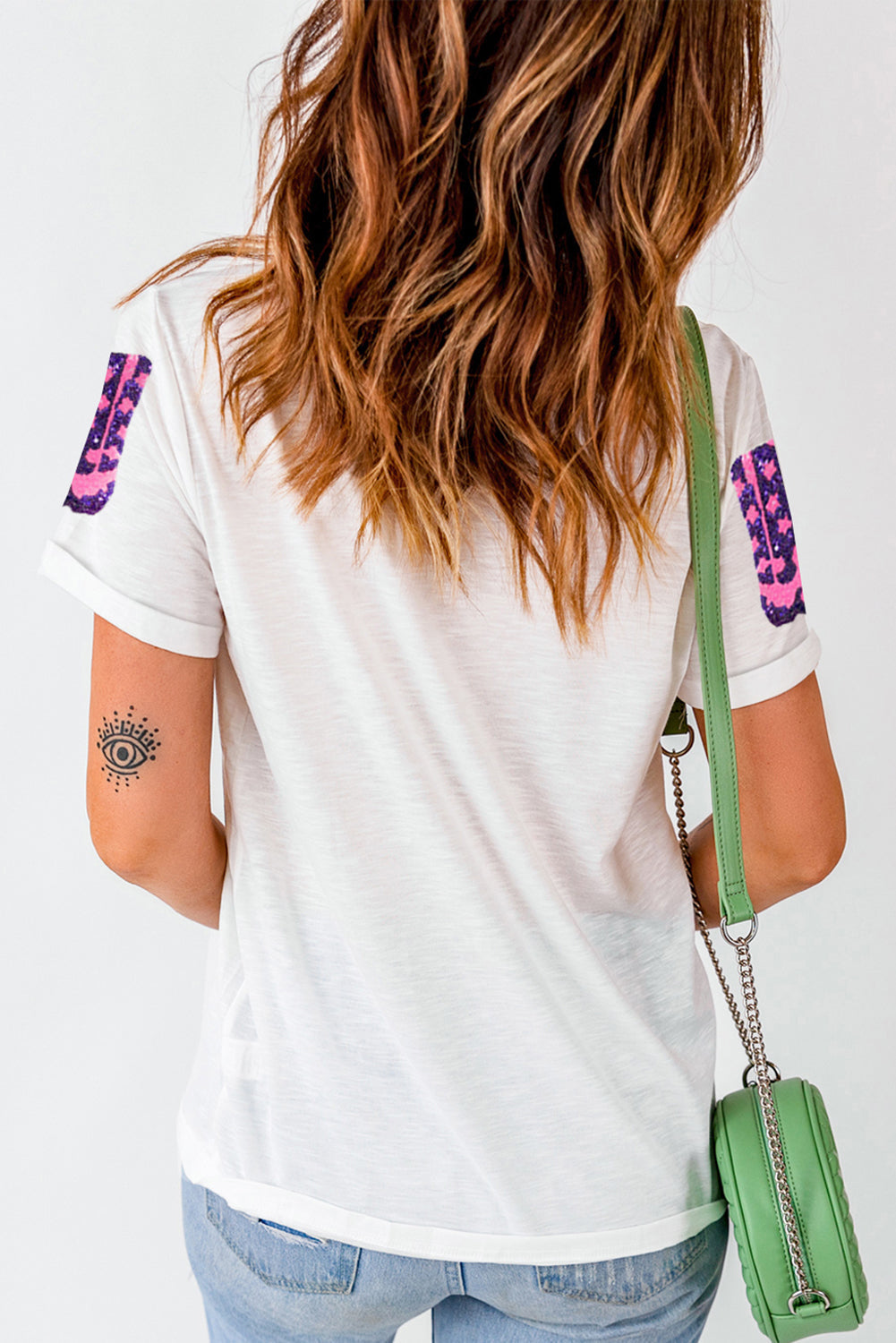 Women's T Shirt Featuring Neck Sequin Western Boots Round