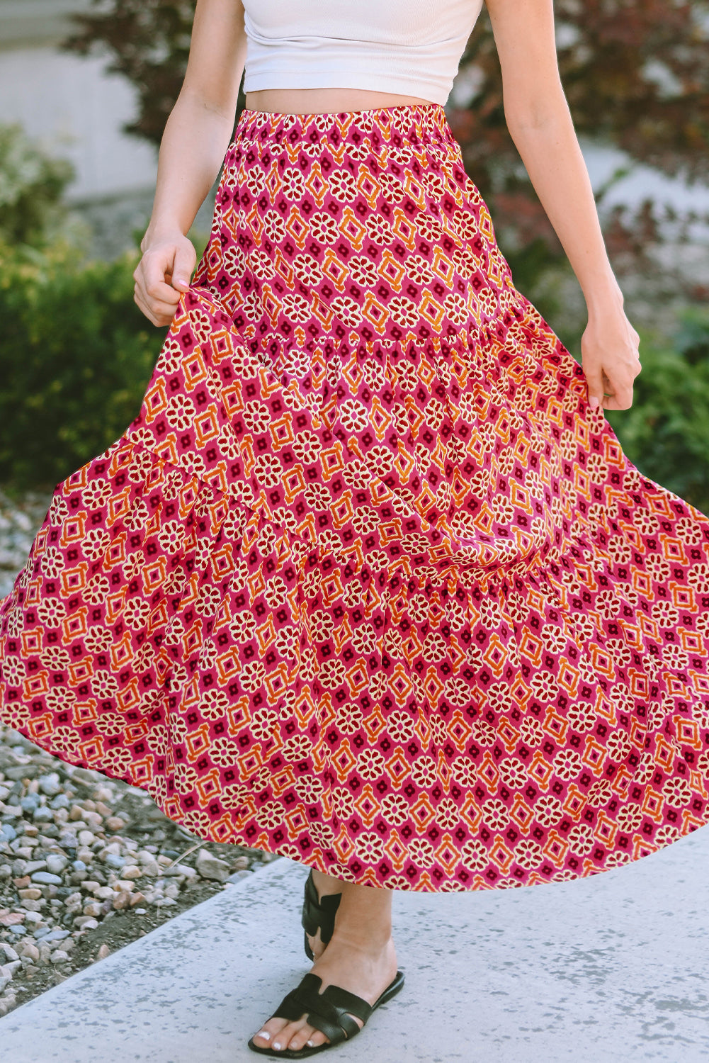 Skirt for Women Print Layered Maxi Vintage Bohemian Floral-Print