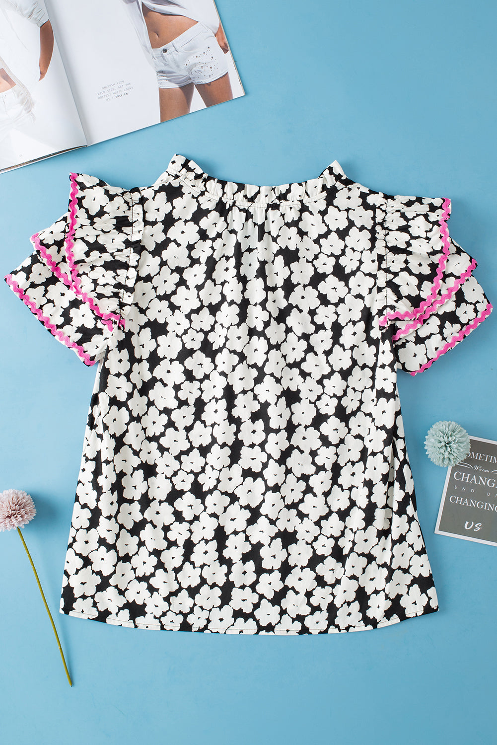 Women's Blouse Featuring Layered Ruffle-Trimmed Sleeve Floral-Print