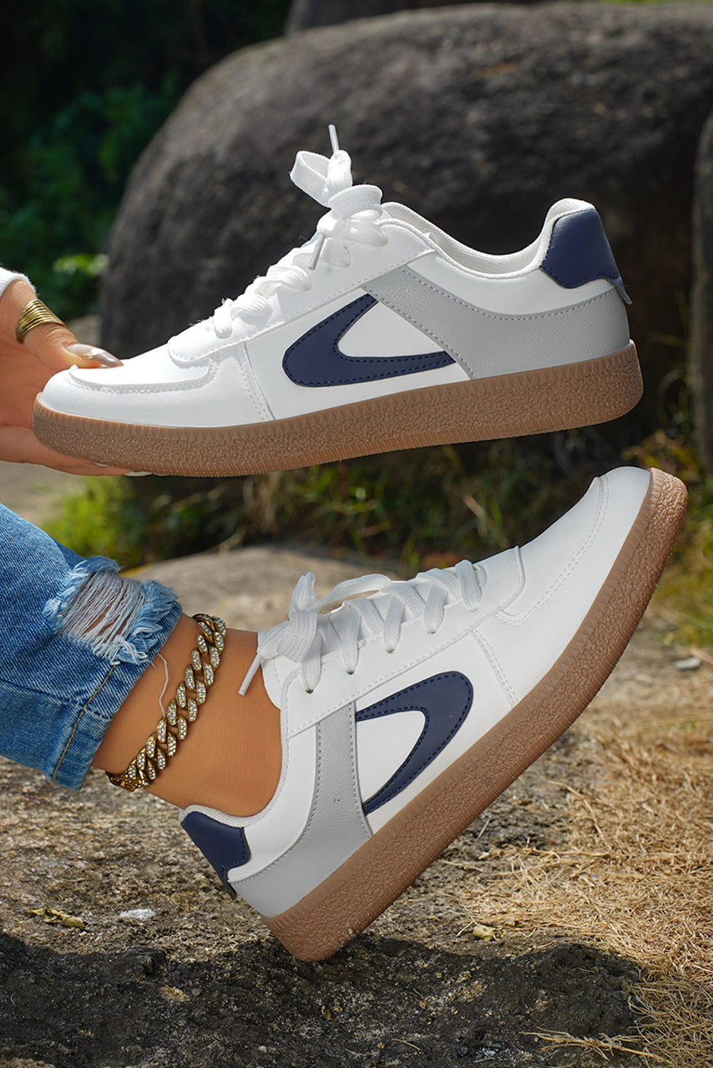 Color Contrast PU Leather Lace-up Sneakers Style
