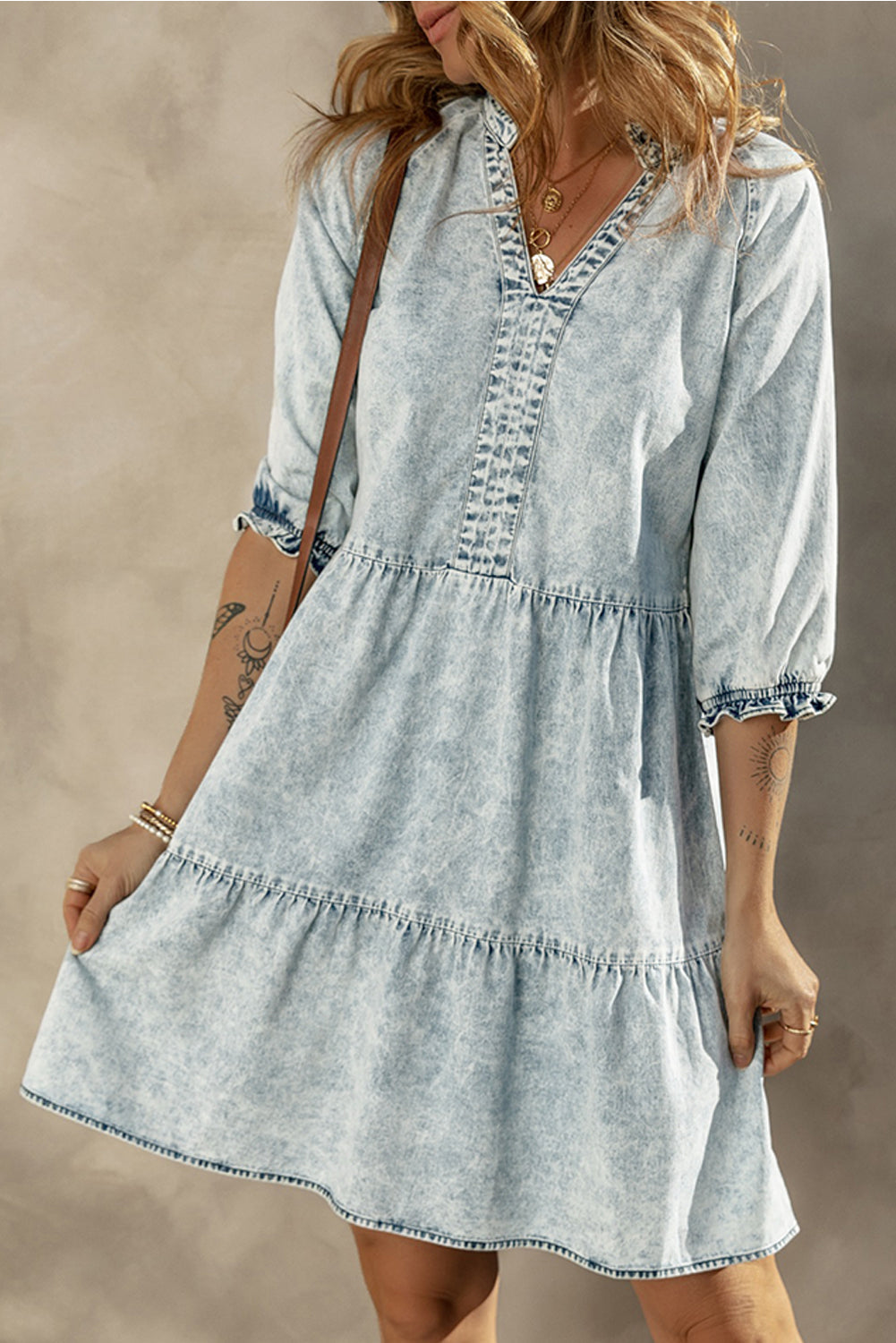 Dress for Women Denim Wash Retro Half Sleeve