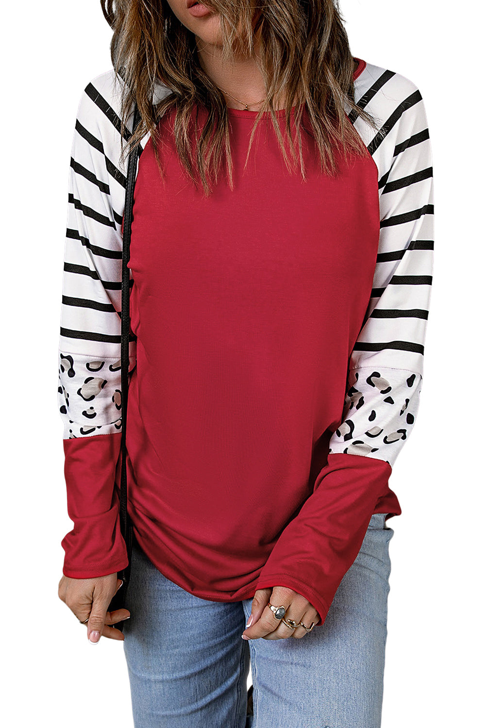 Women's Top with Red Striped Long-Sleeve