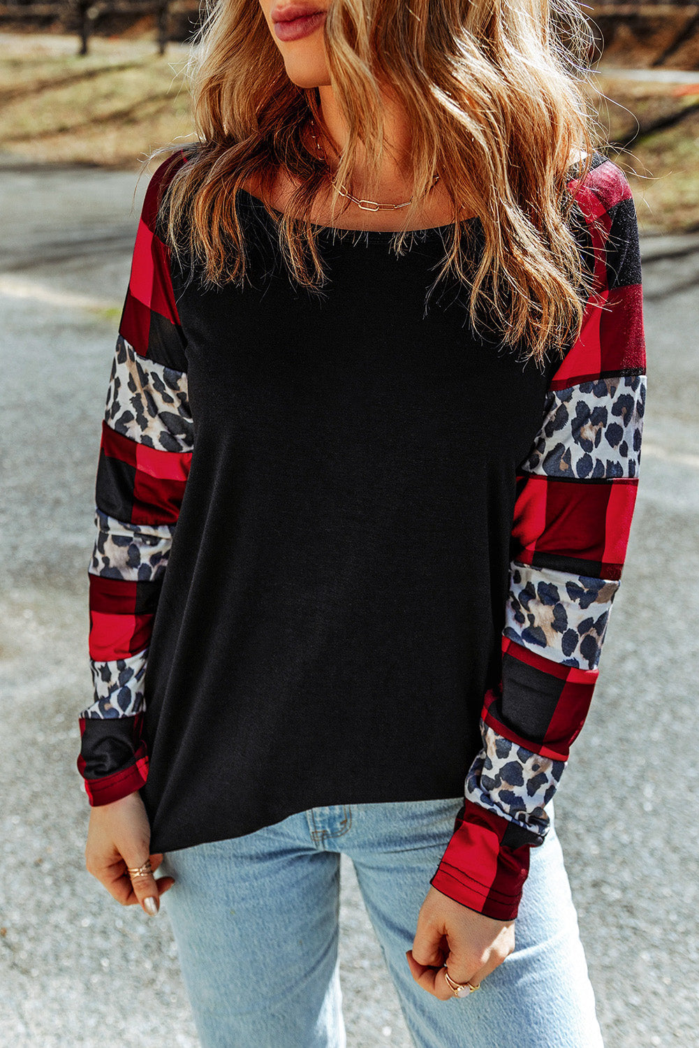 Women's Plaid Leopard-Print Print Long-Sleeve Top