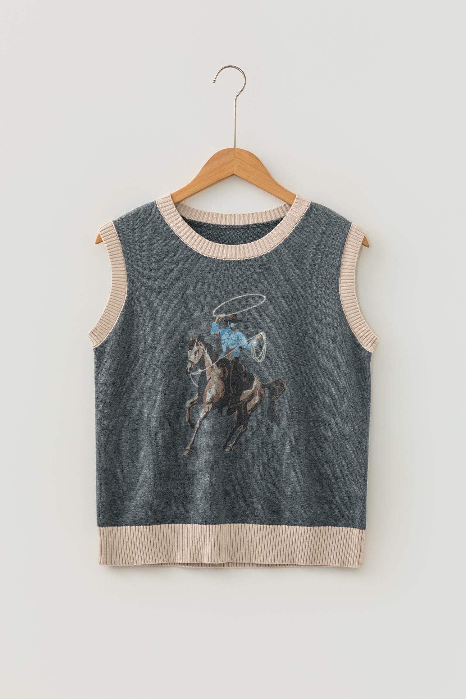 Colorblock Western Print Trim Knitwear Vest in Gray