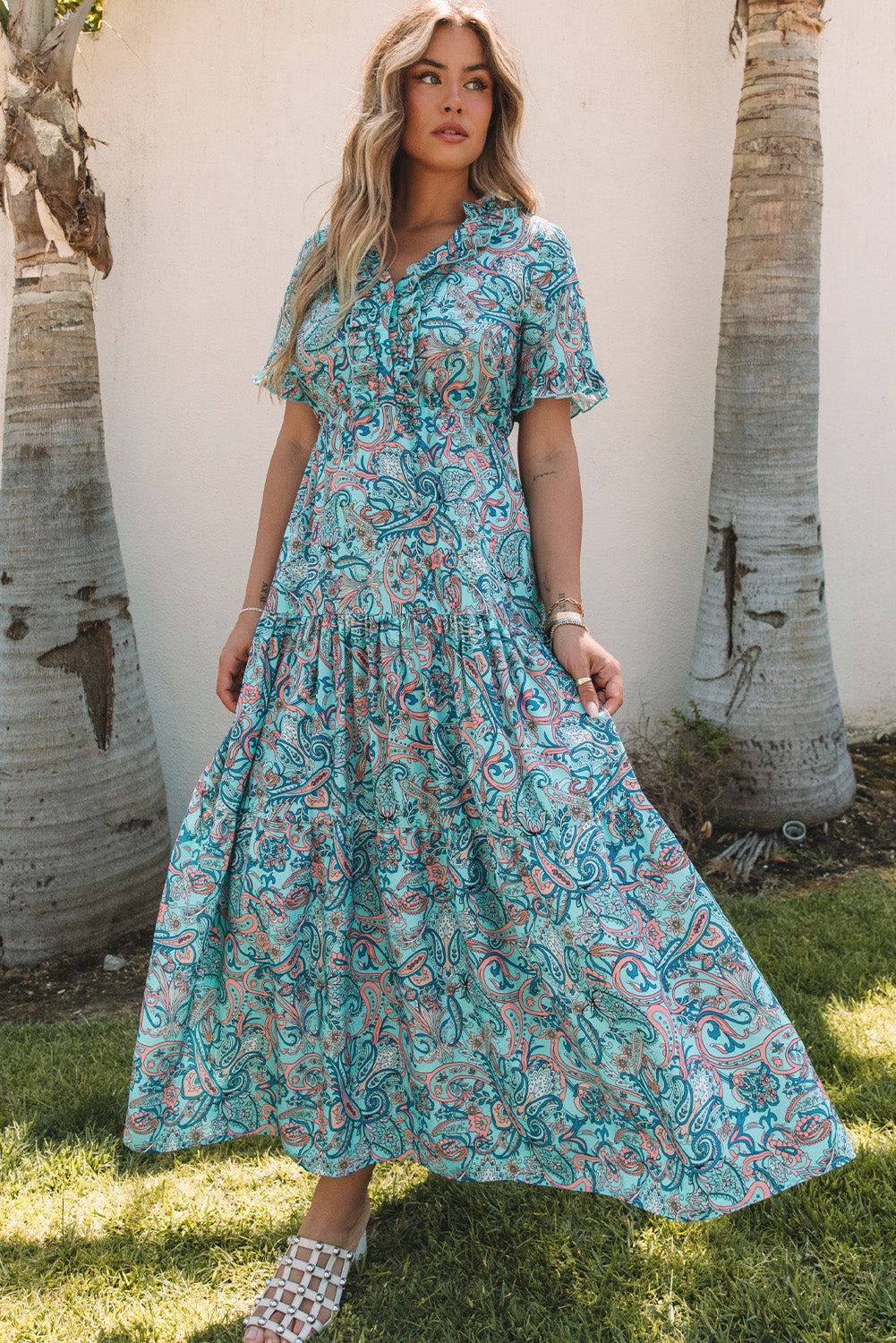 Women's Maxi Dress with Paisley Bohemian Ruffle-Trimmed Layered