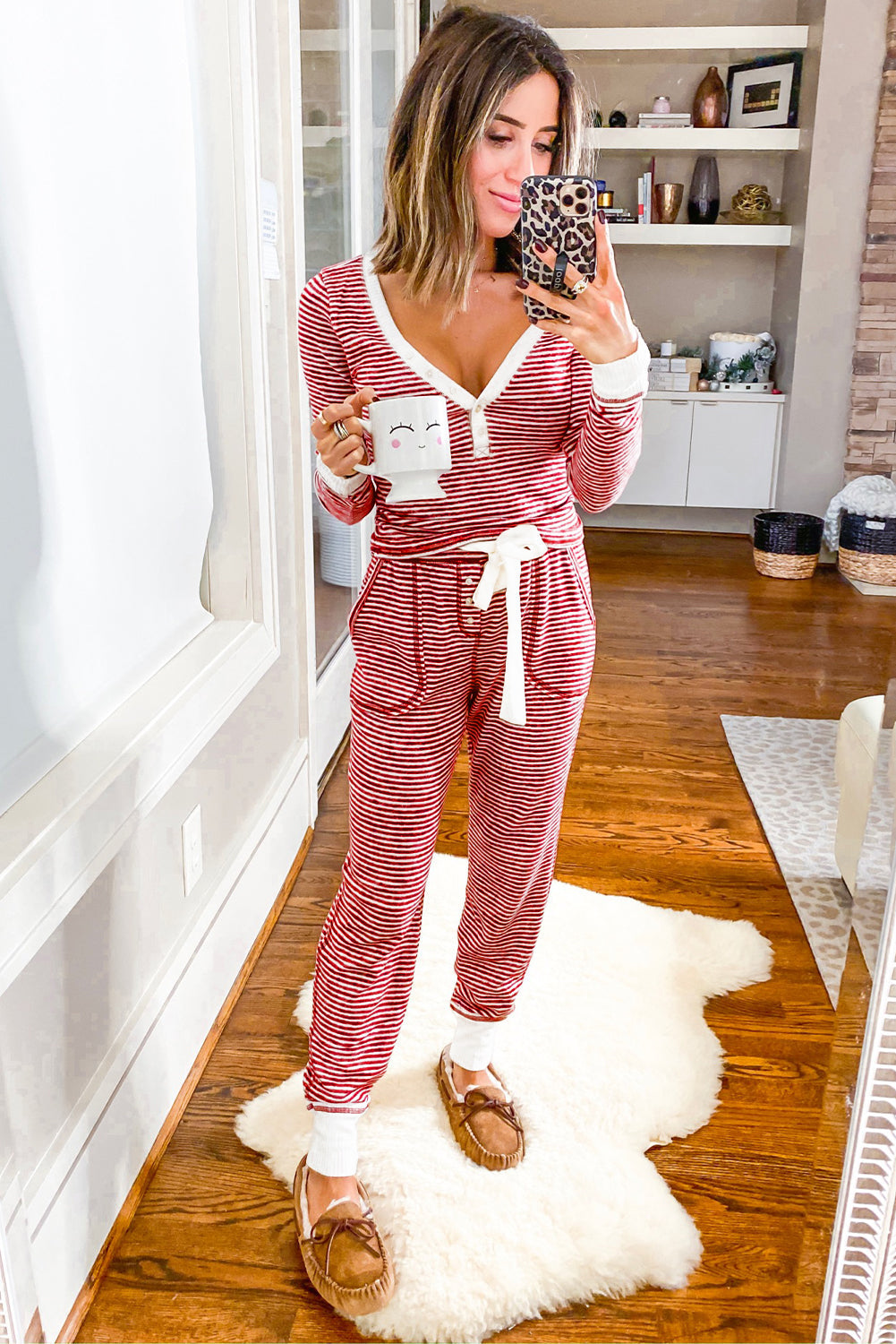 Button-Front V-Neck Top and Knotted Waist Pants Lounge Set