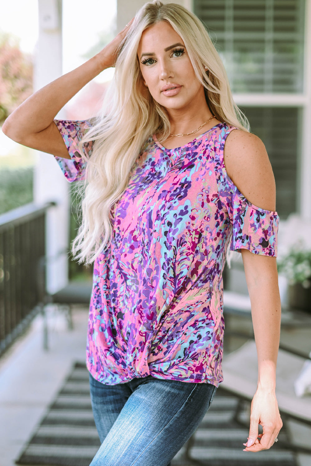 Women's Blouse Featuring Print Cold Shoulder Lavender Floral-Print