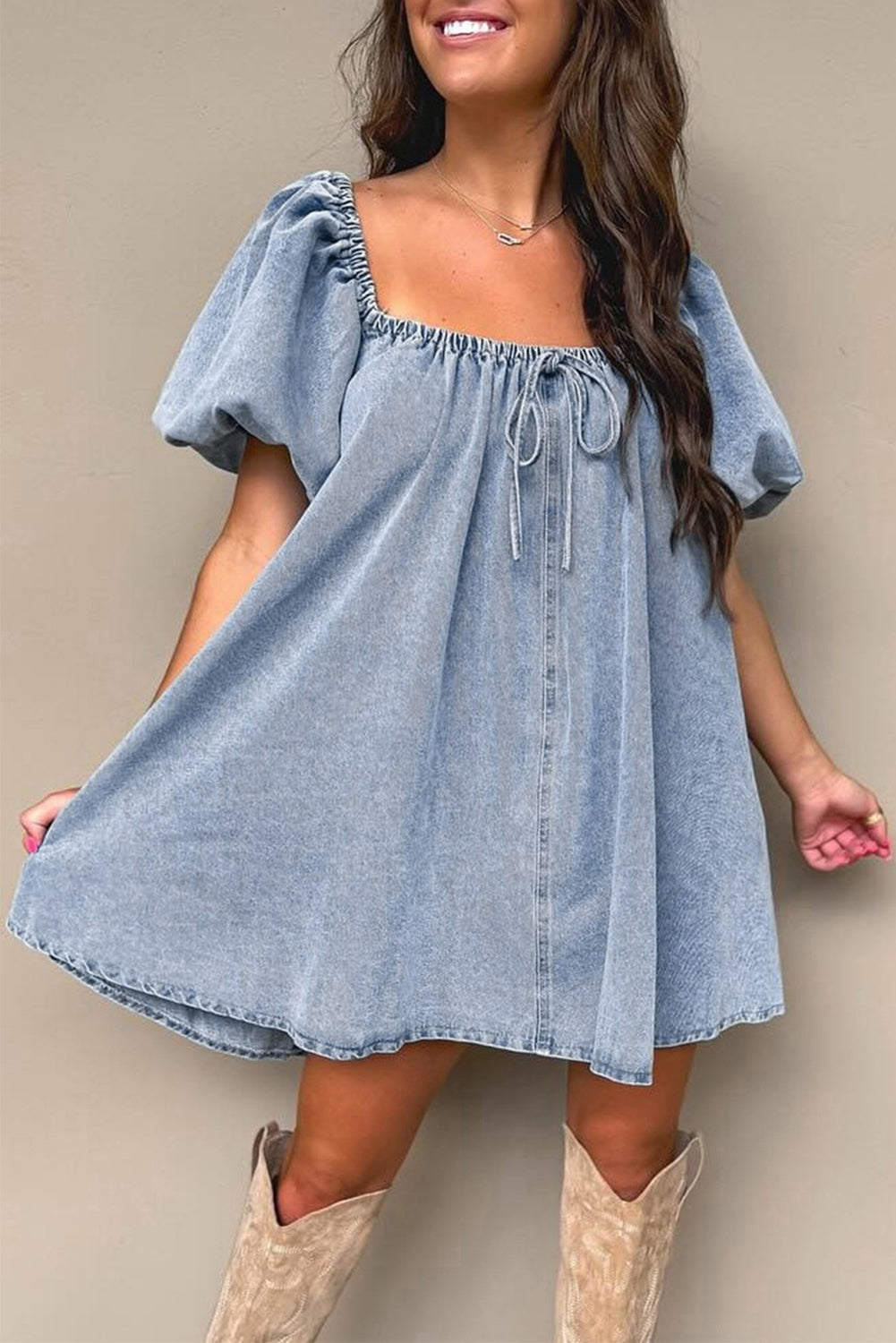 Bubble Neck Sleeve Square Denim Babydoll Dress