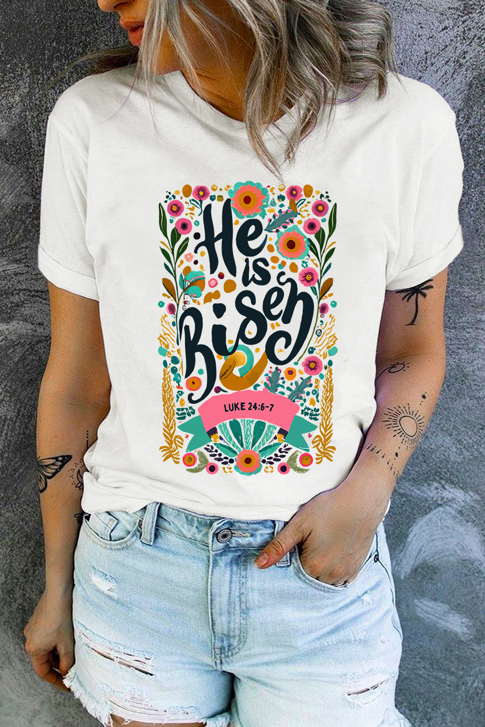 Women's T Shirt Featuring He Is Risen Floral-Print Print Round Neck