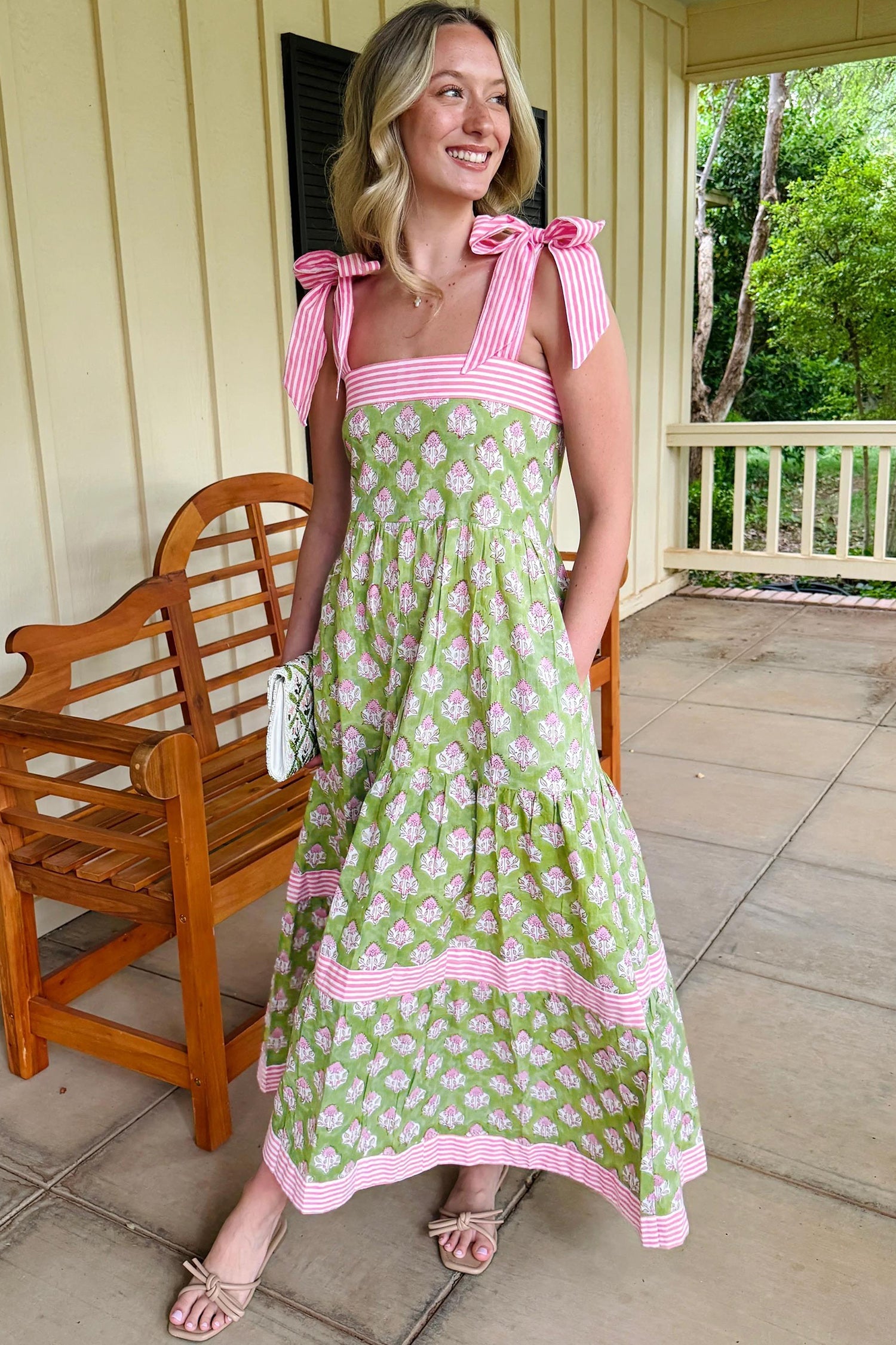 Floral-Print Knot Striped Detail Straps Maxi Dress in Green