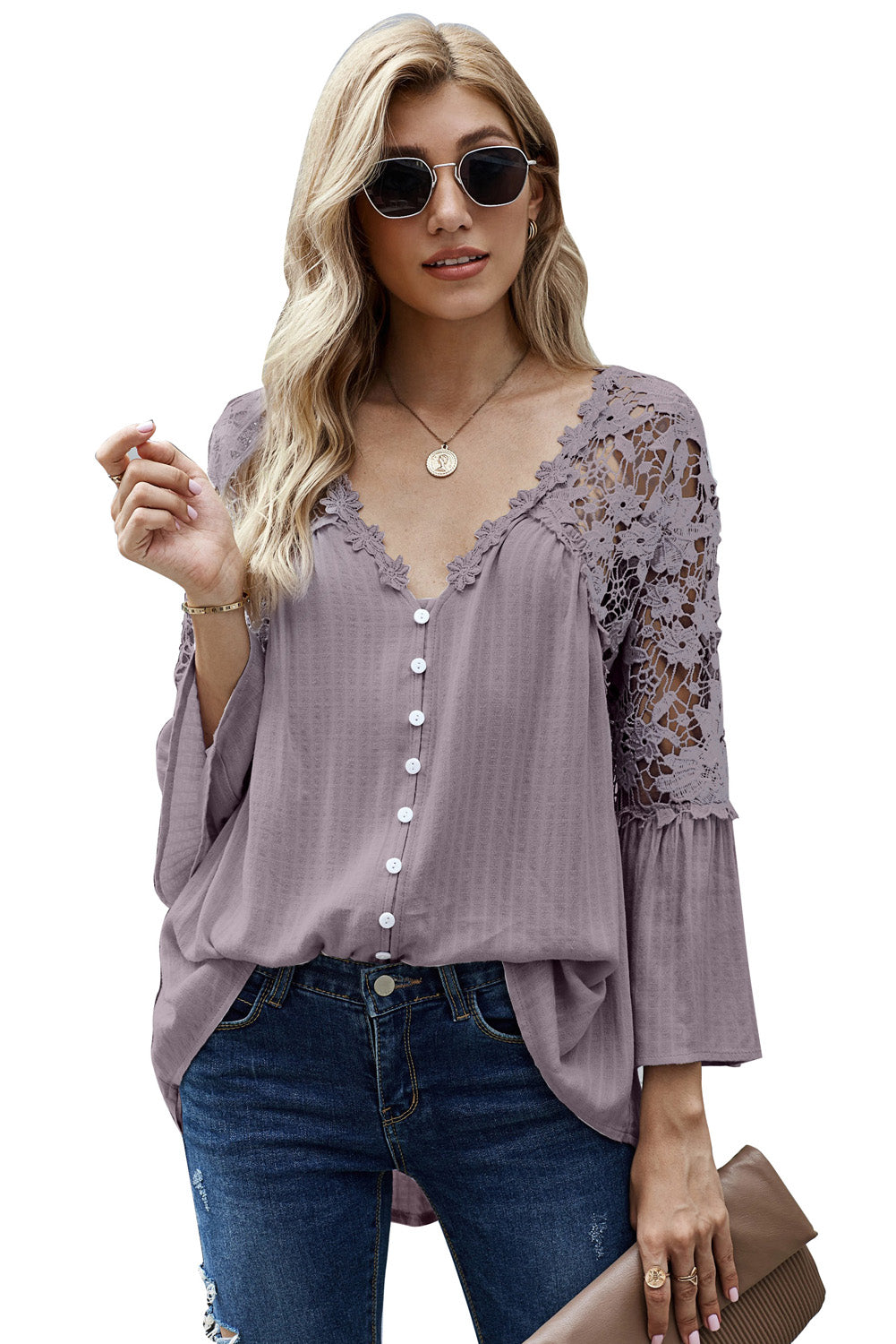 Women's Top with Crochet Lace-Trimmed Button Blouse Chic Purple