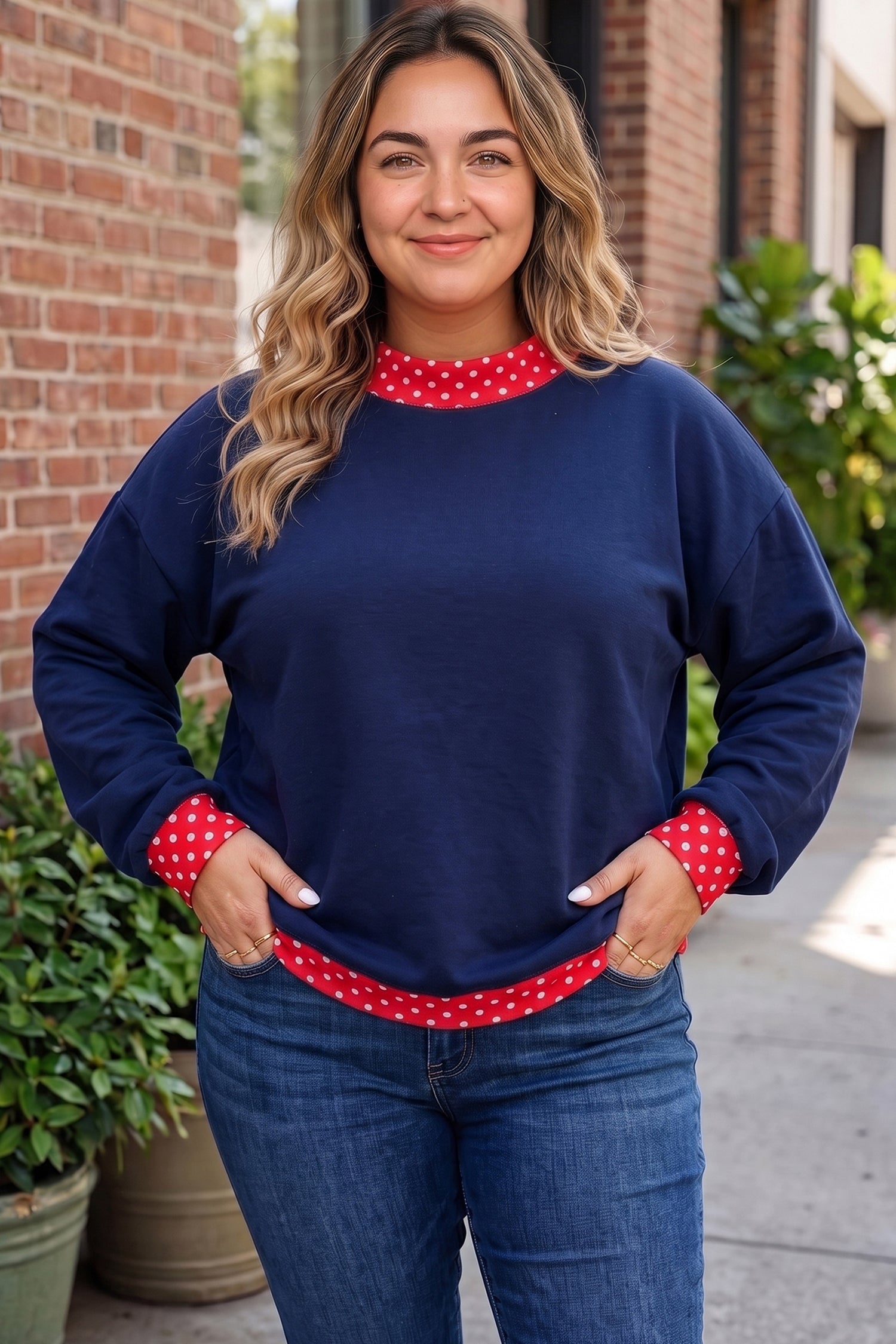 Polka-Dot Dirty blue Patchwork Plus Size Sweatshirt