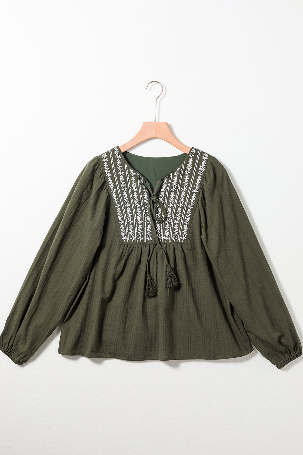 Women's Blouse with Green Split Neck Pleat-Detail Loose