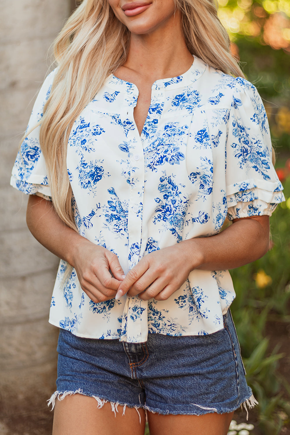 Puff Floral Tiered Everyday Shirt in Sky Blue