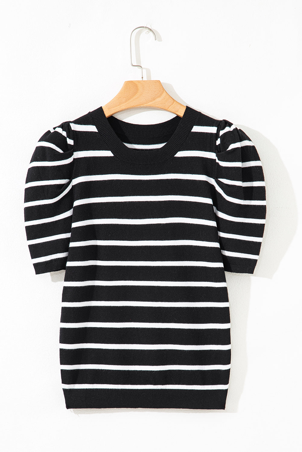 Trim Round-Neck Rib-Knit Round-Neck Bubble Sleeve Knit Top