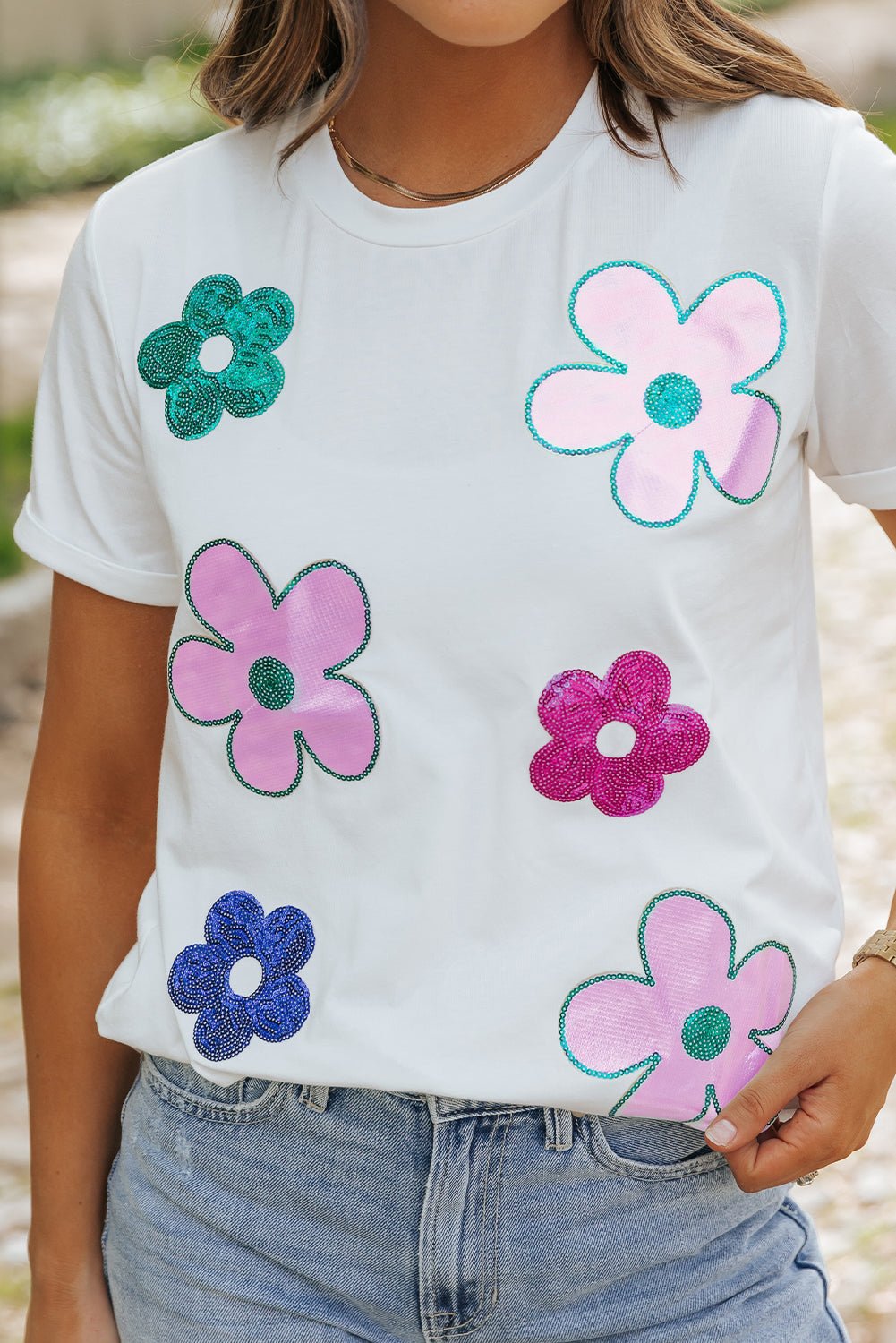 T Shirt for Women Sequined Flower Pattern Round Neck