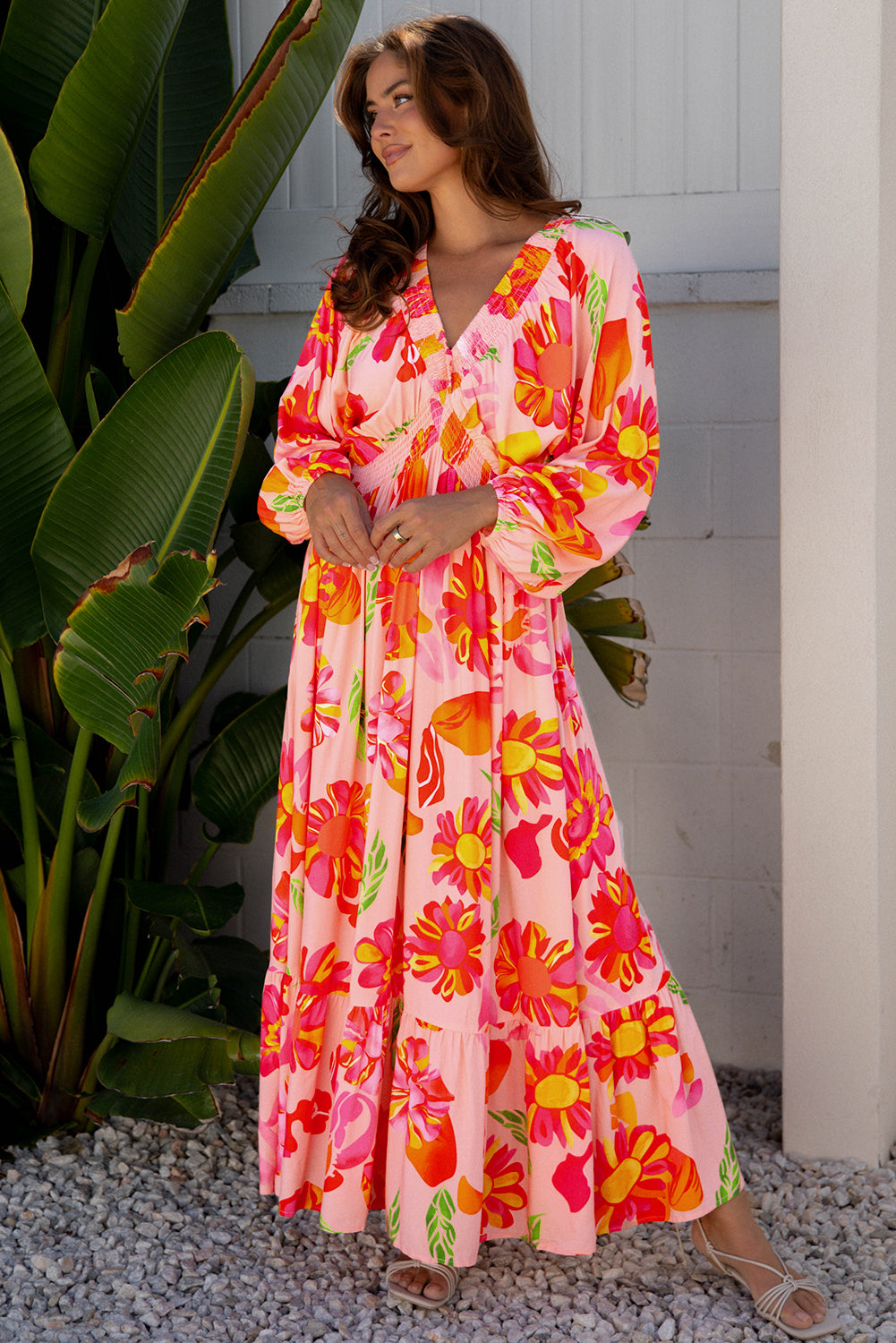 Floral-Print Smocked Detail V-Neck Puff Sleeve Flowy Maxi Dress