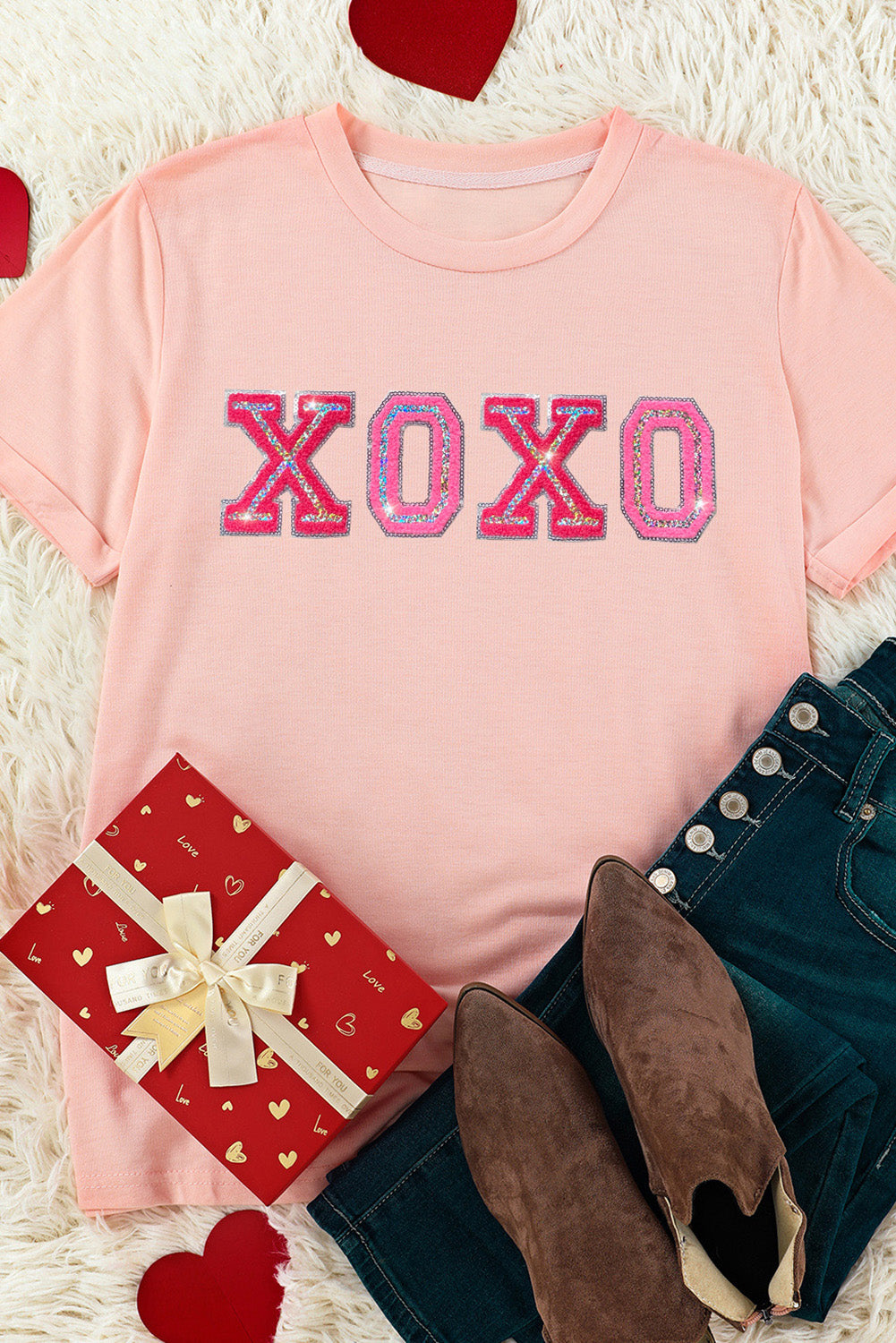 Women's XOXO Graphic-Print Valentines Shiny T-shirt