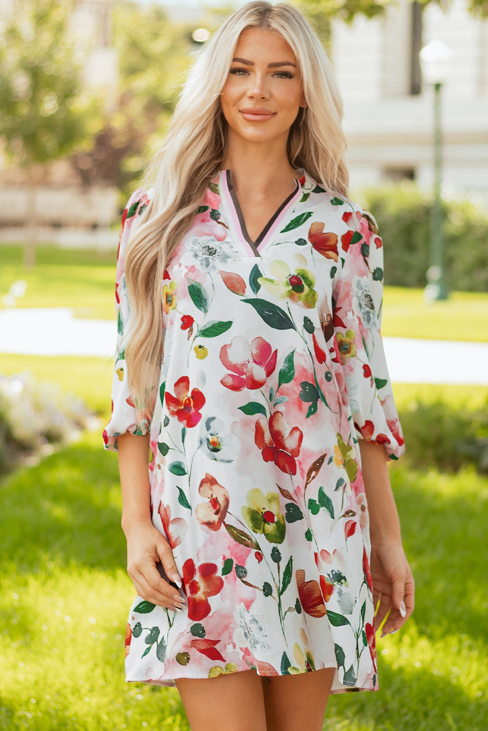 Floral V-Neck Contrast Striped Puff Half Sleeve Shift Dress