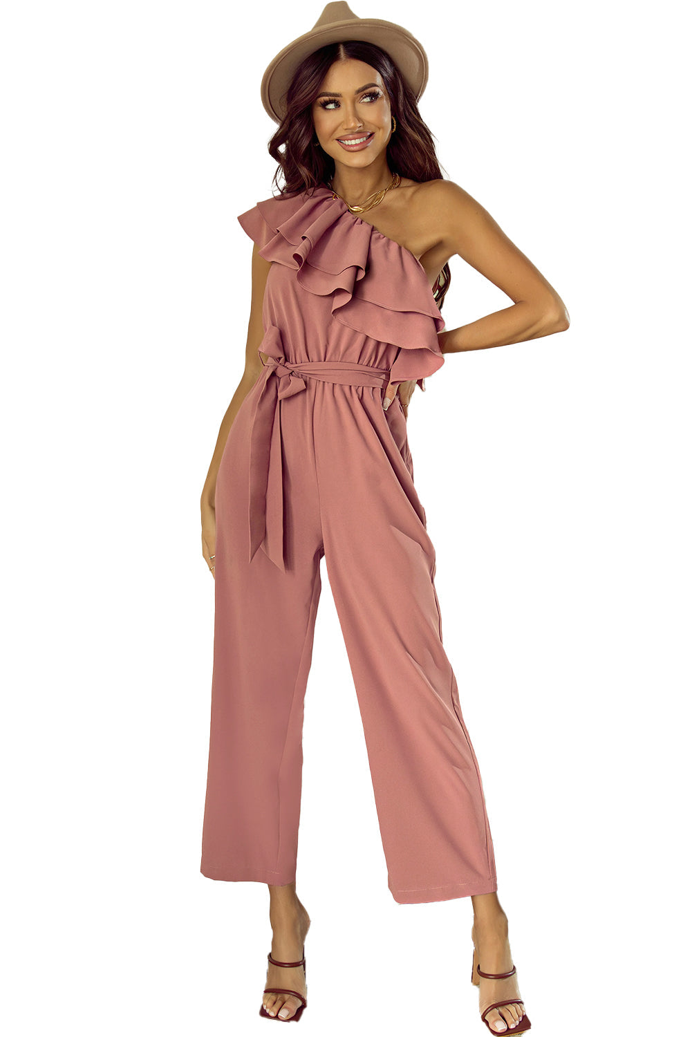 Jumpsuit for Women One Shoulder Ruffle-Trimmed Trim Belted
