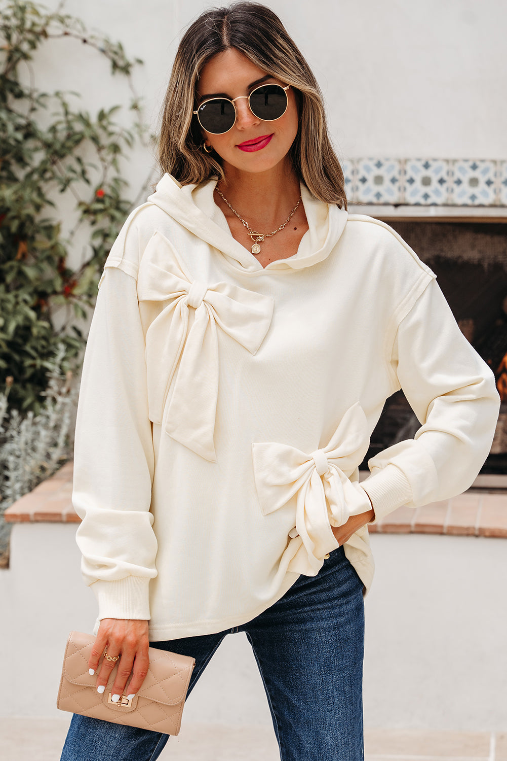 Solid Detail Cute Bow Loose Hoodie