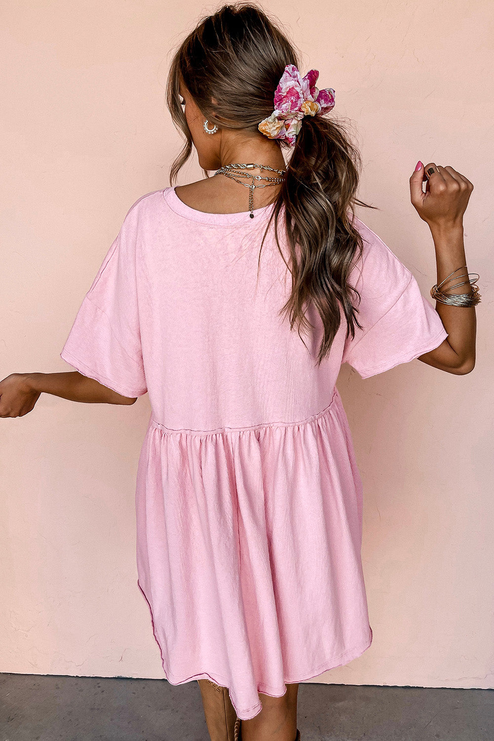 Pink Pocketed Raw Edge Babydoll Dress