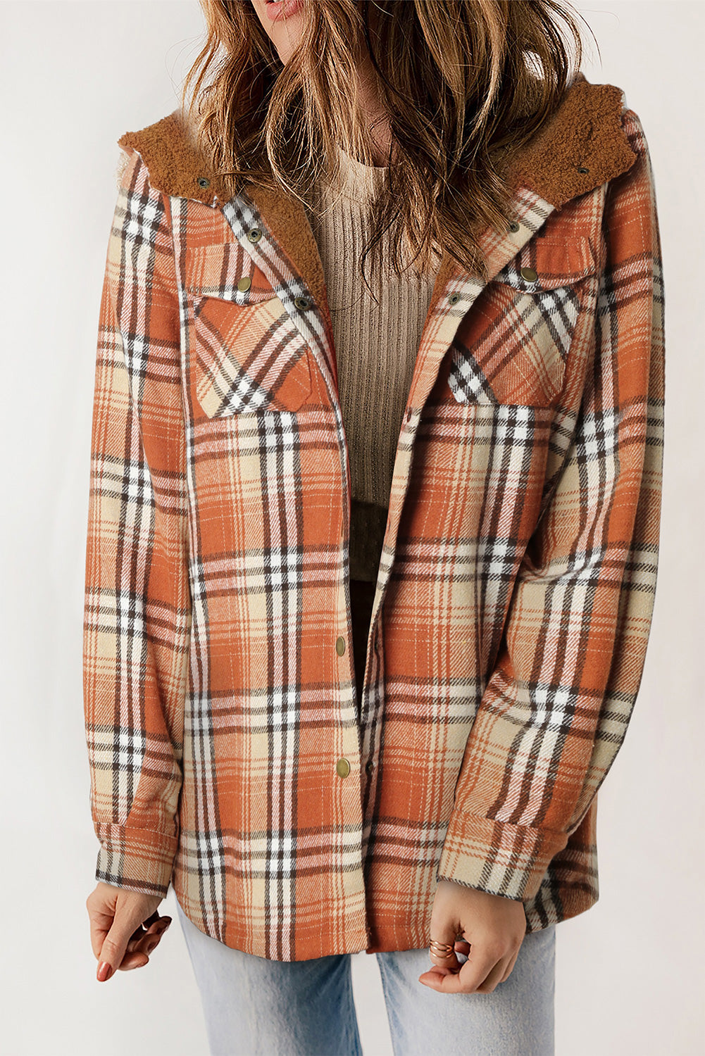 Shacket for Women Hooded Plaid Lined