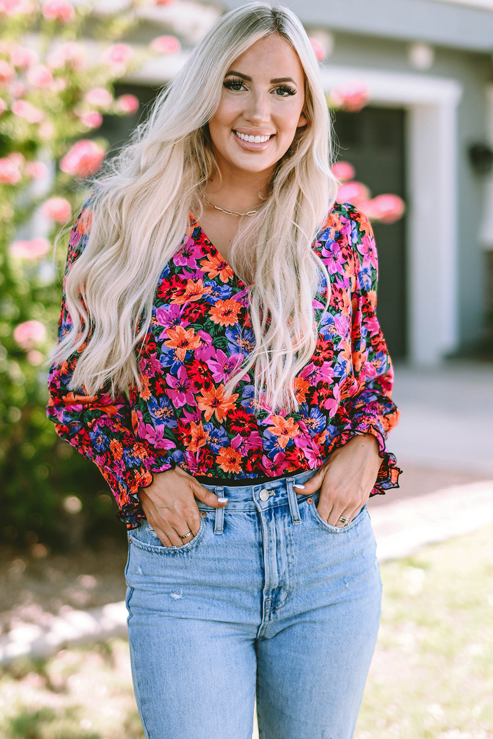 Women's Bodysuit with Wrap Long-Sleeve Floral-Print