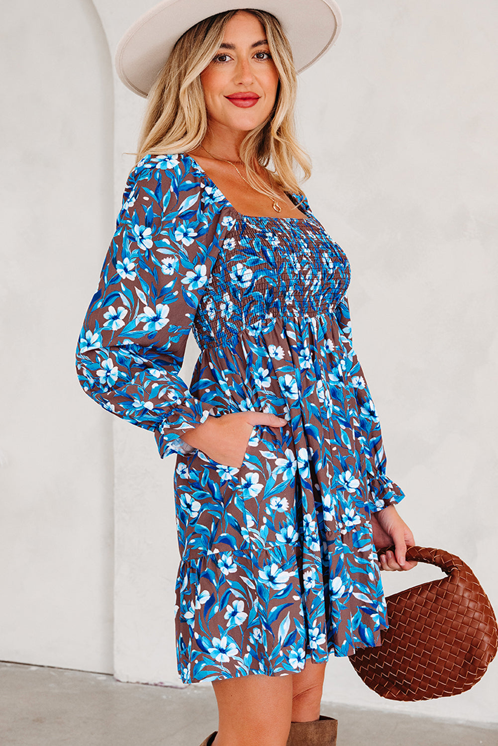 Smocked Bodice High-Waisted Ruffled Sleeve Floral Dress