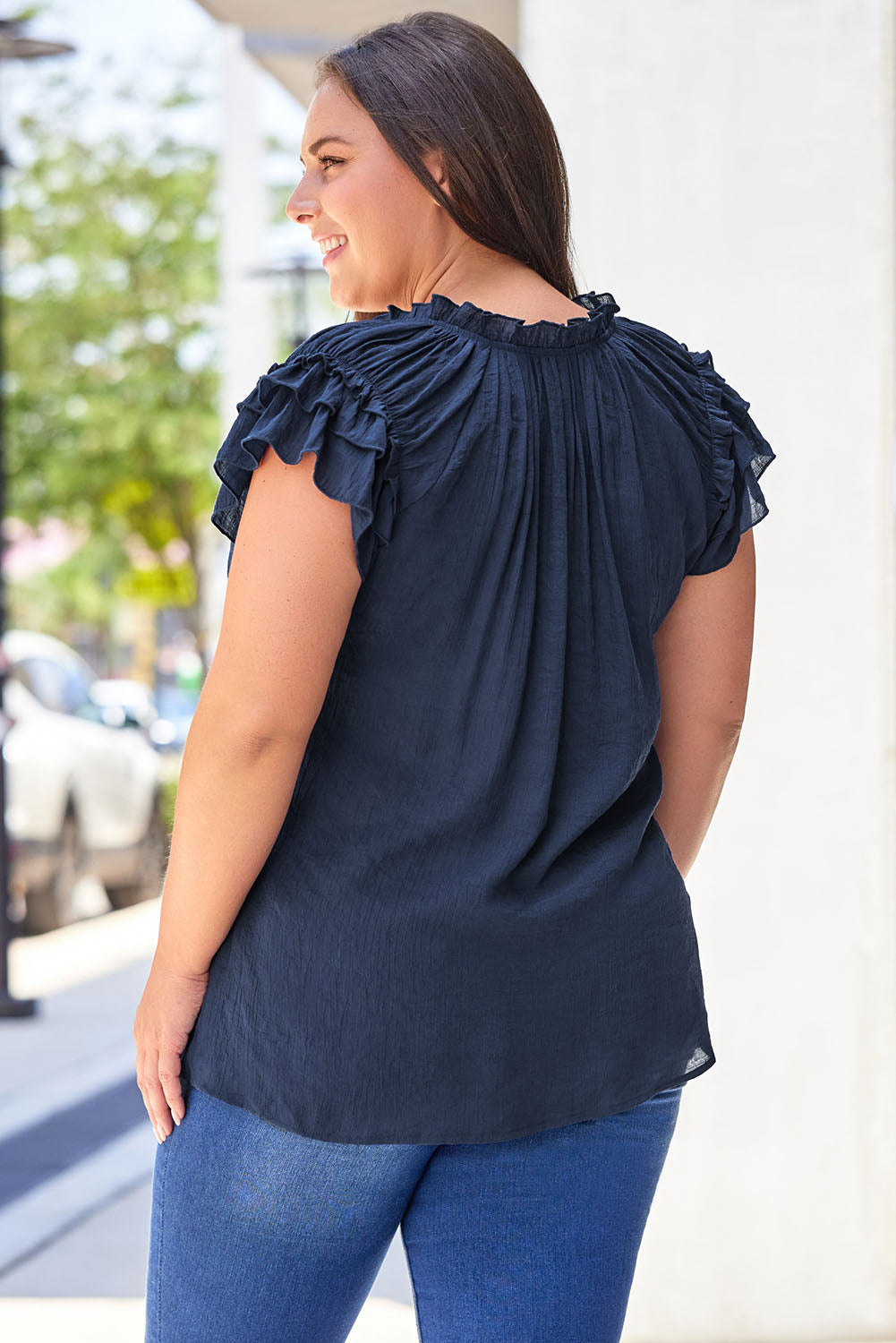 Blouse for Women Ruffle-Trimmed Sleeve Drawcord Plus Size