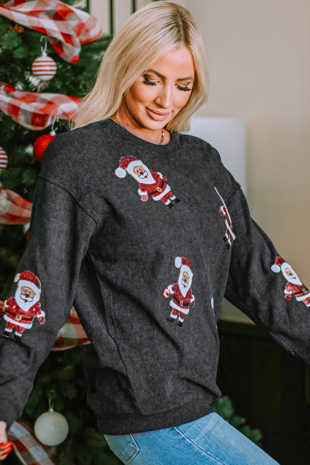 Women's Graphic Sweatshirt with Sequined Santa Claus