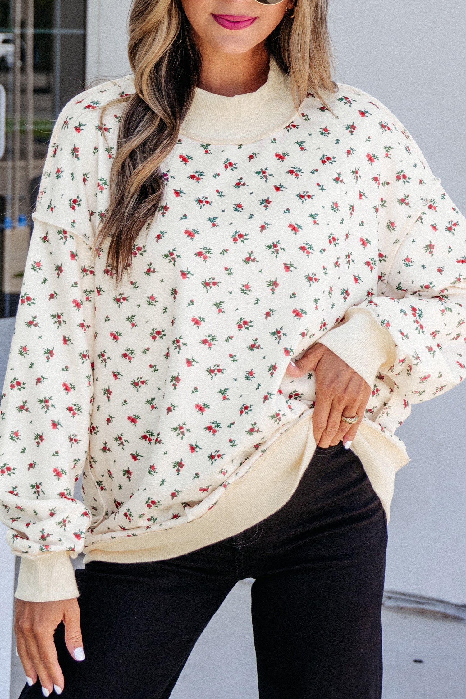 Rib-Knit Floral-Print High Neck Baggy Pullover Sweatshirt in Beige