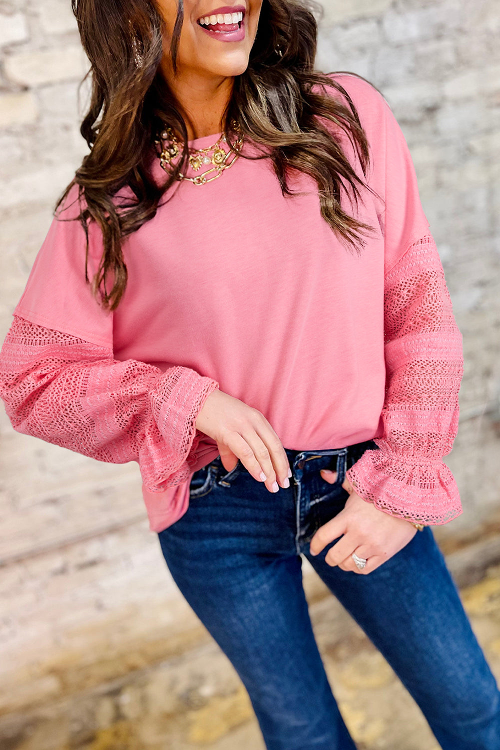 Drop-Shoulder Sleeve Lace Ruffled Patchwork Loose Sweatshirt