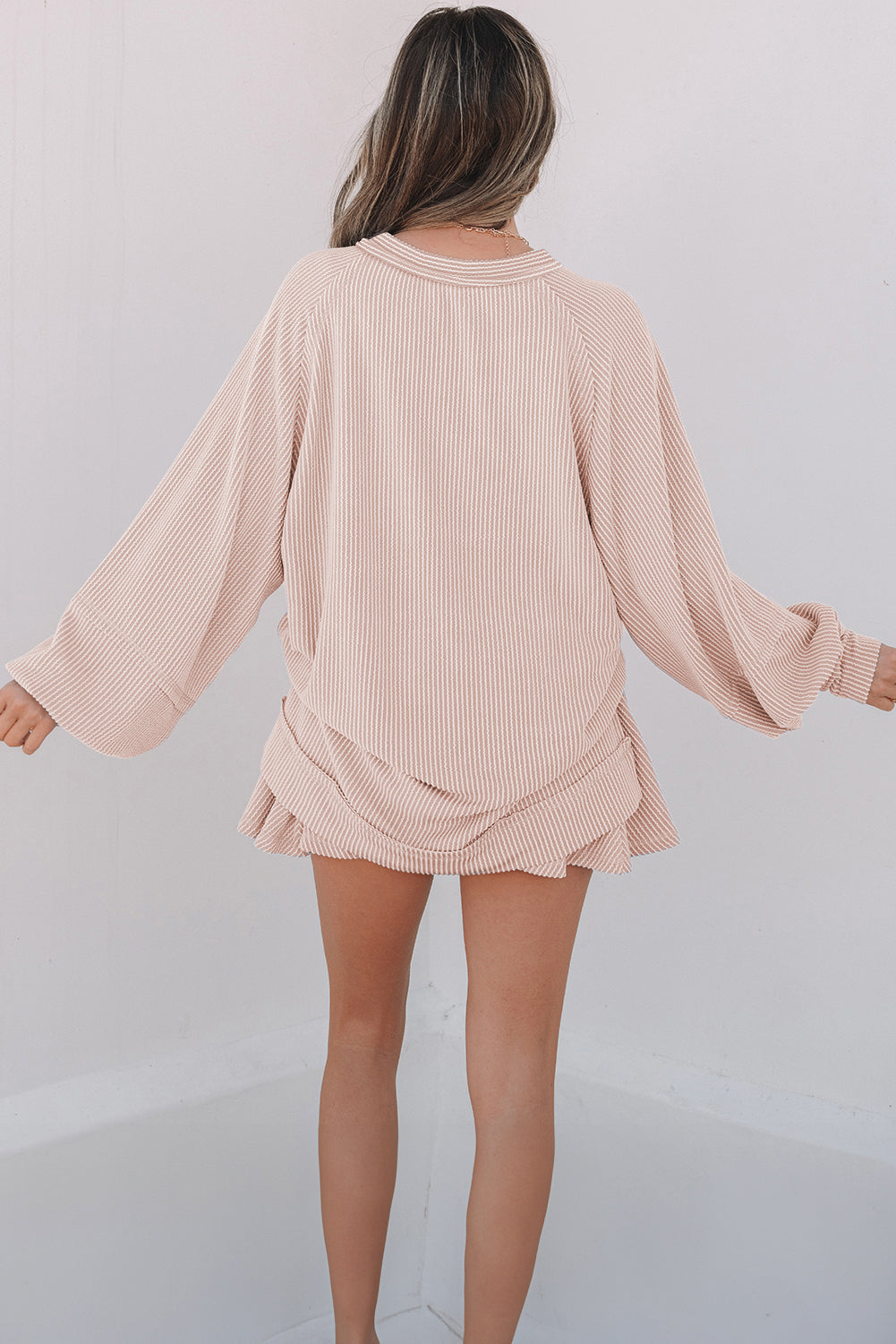 Stream Corded Jet Corded Lantern Sleeve Top High-Waisted Ruffled Mini Skort Set