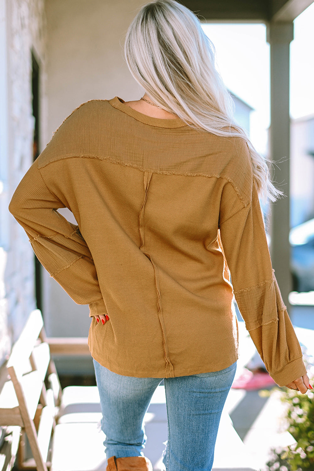 Women's Knit Top Featuring Bubble Sleeve Waffle