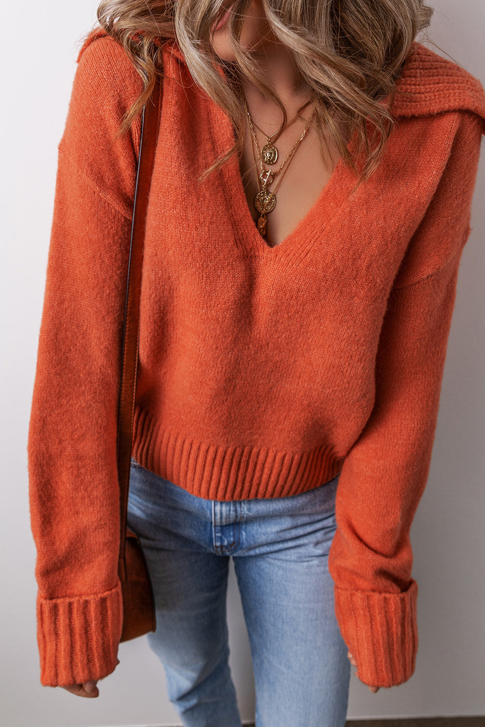 Collared V-Neck Rib-Knit Edge Sexy Refined Knit Top