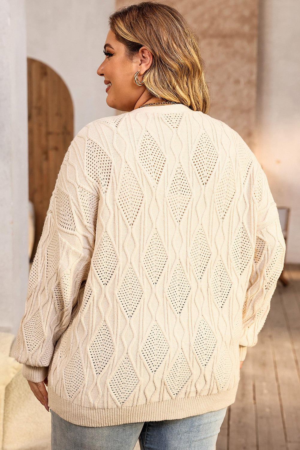 Women's Cardigan Featuring Openwork Plus Size Knitted