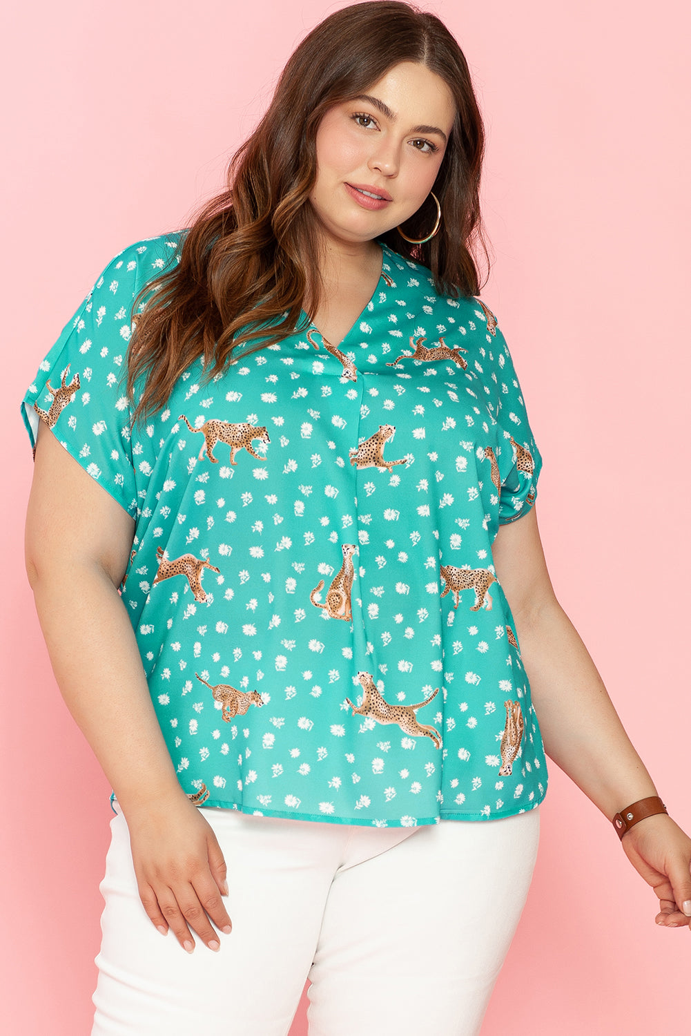 Women's Top with Cheetah V Neck Plus Size