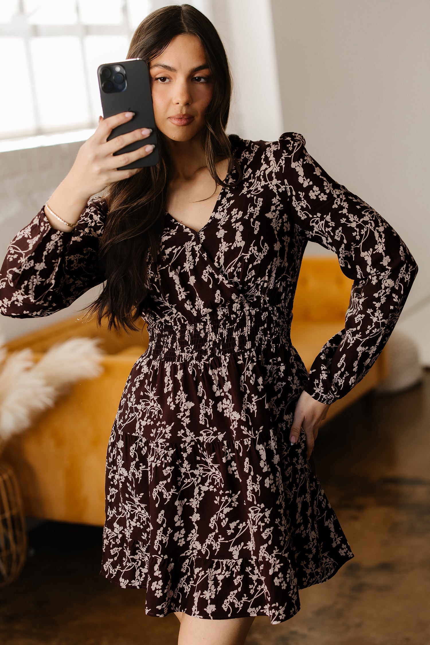 Split Ditsy Floral-Print Neck Long-Sleeved Shirred Waist Flared Mini Dress