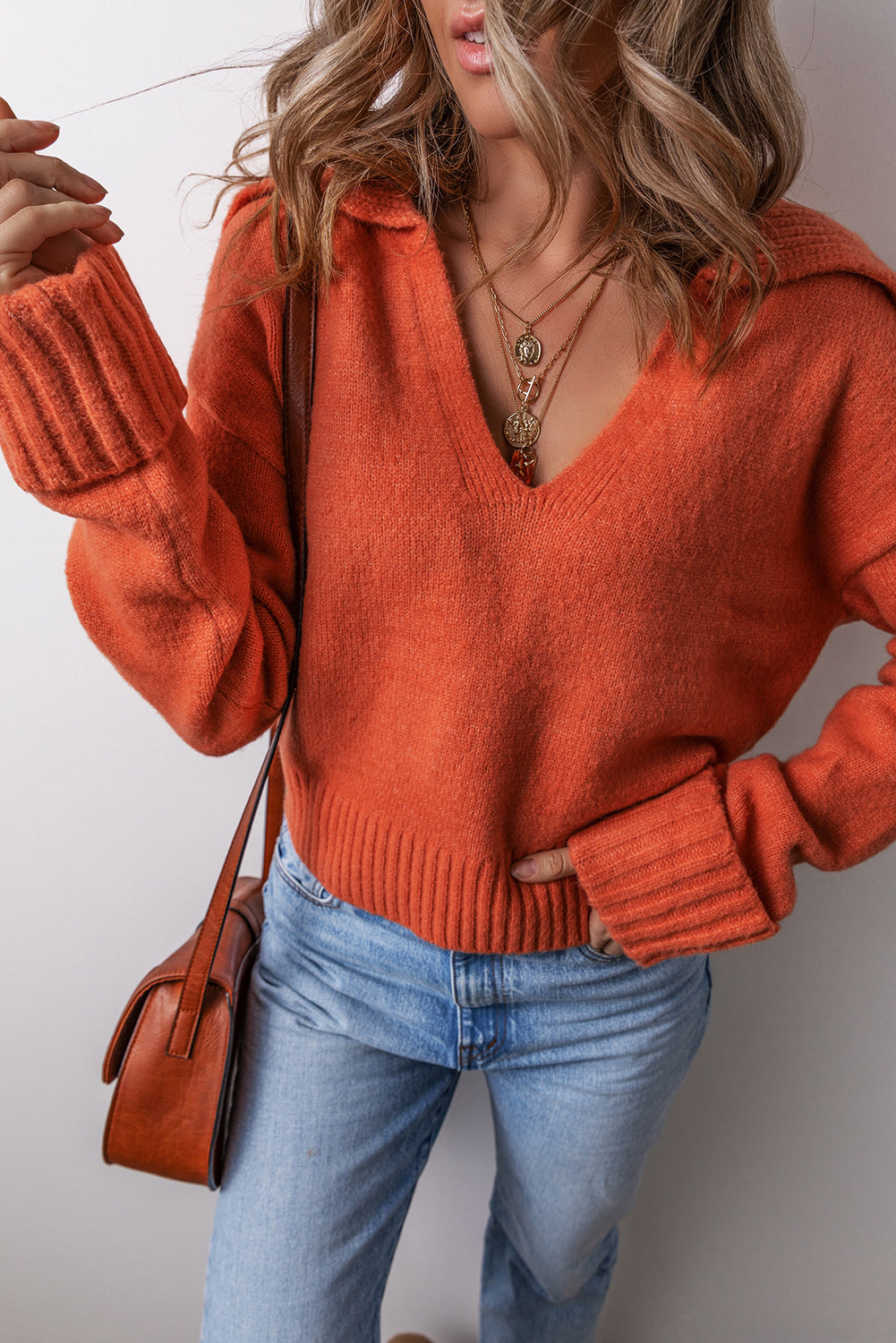 Collared V-Neck Rib-Knit Edge Sexy Refined Knit Top
