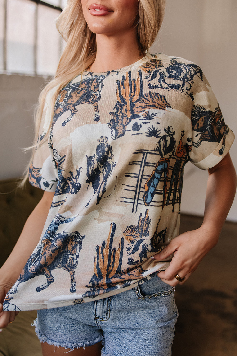 Western Cowboy Print Cuffed Sleeve T Shirt