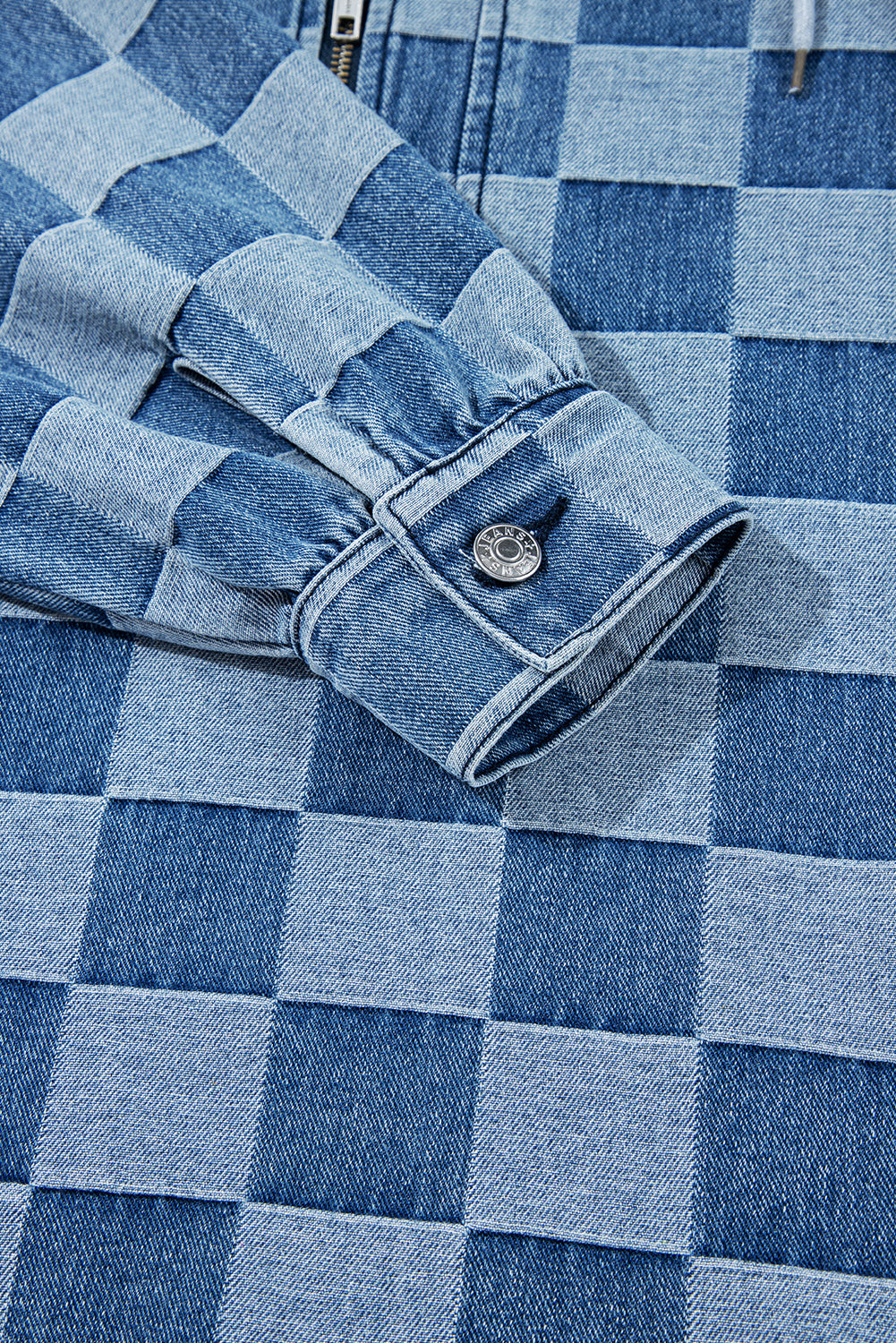 Neck Checkerboard Zip Kangaroo Pocket Denim Hoodie