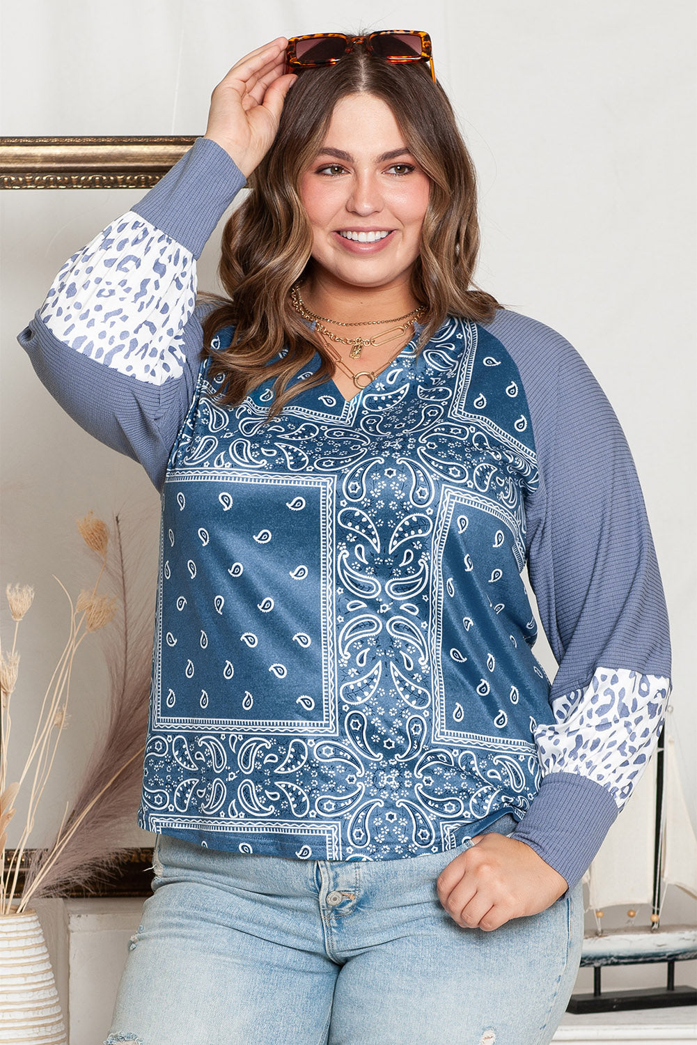 Women's Top with Plus Size Paisley Split Neck