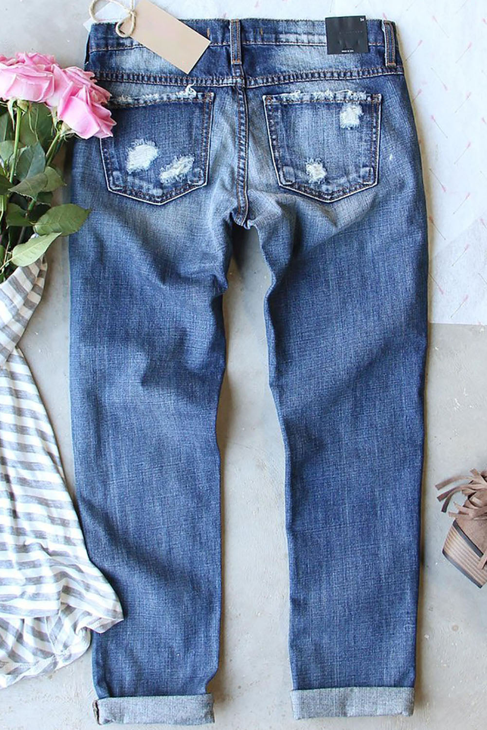 Women's Jeans Featuring Heart-shape American Flag Patch Frayed
