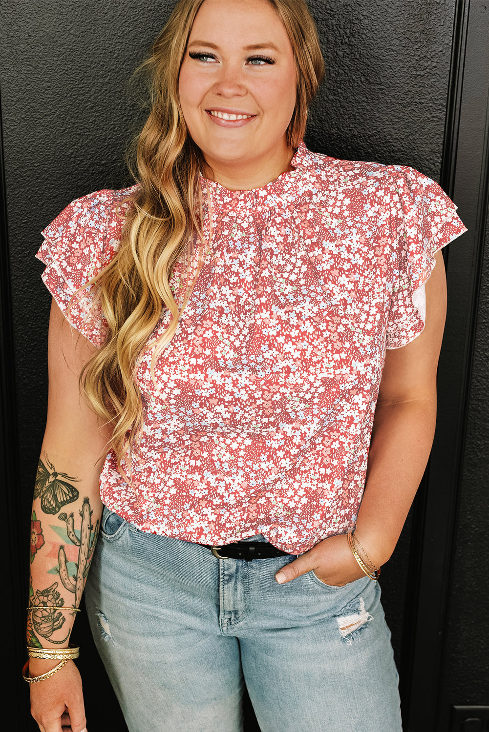 Women's Blouse Featuring Frill-Trimmed Neck Plus Size Floral-Print