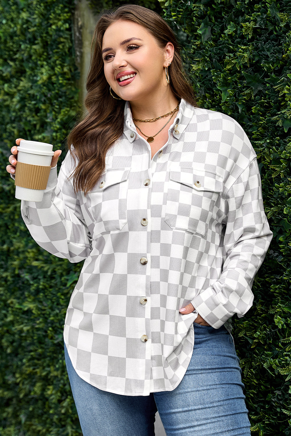 Checkered Plus Size Button-Front Down Everyday Western Jacket in Khaki