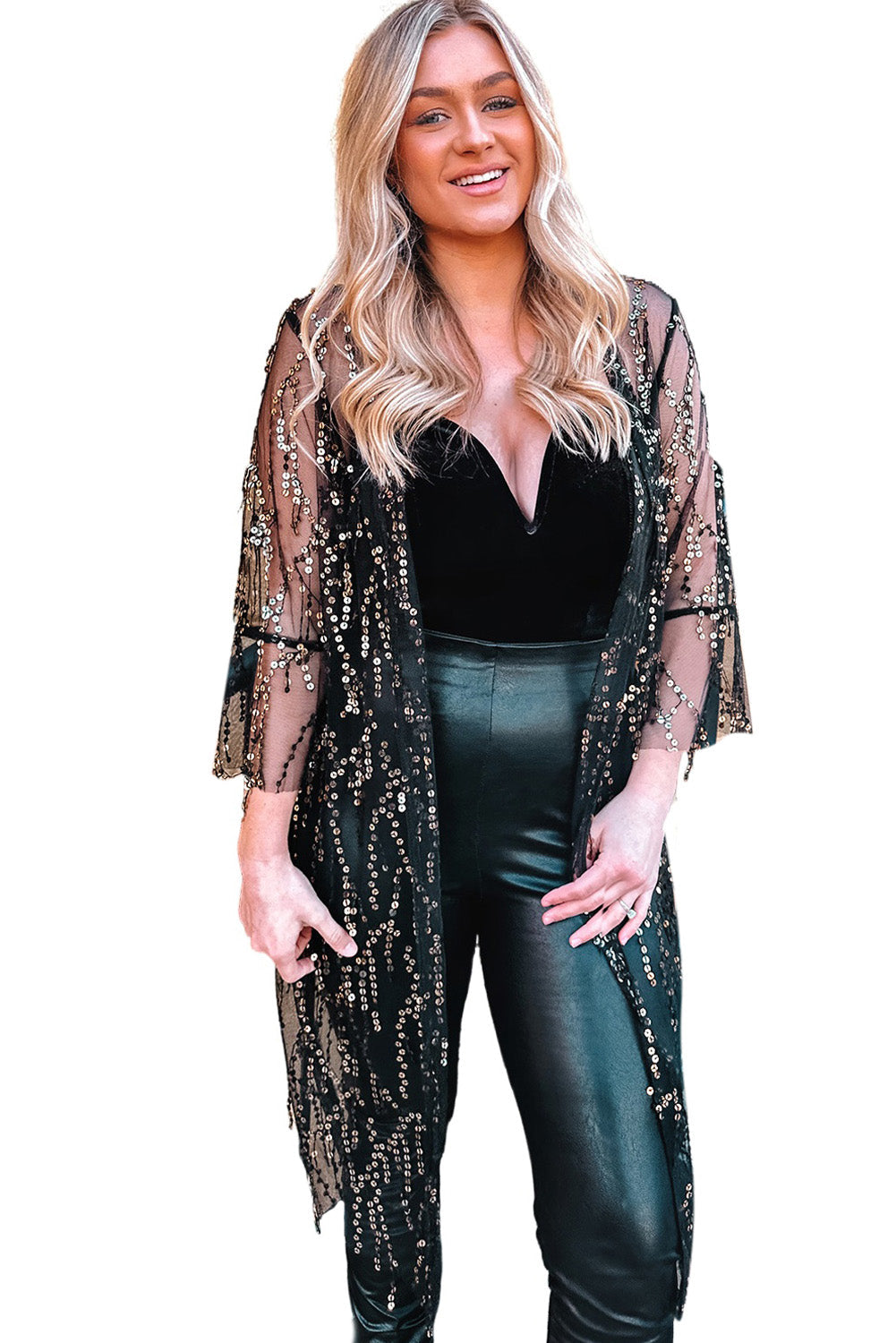 Women's Kimono with Open Front Sequin Semi-Sheer Long-Sleeve