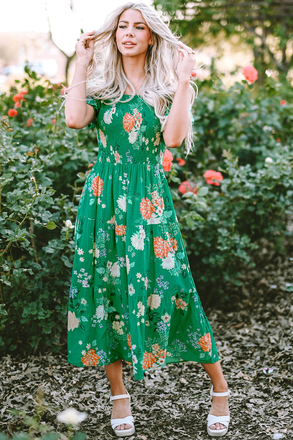 Women's Dresses Featuring Print Shirred Layered Midi Floral-Print